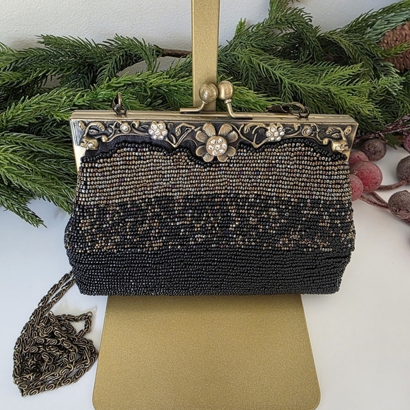 Handbags - Vintage Inspired Black & Gold Kisslock Evening Bag- Crossbody/Clutch